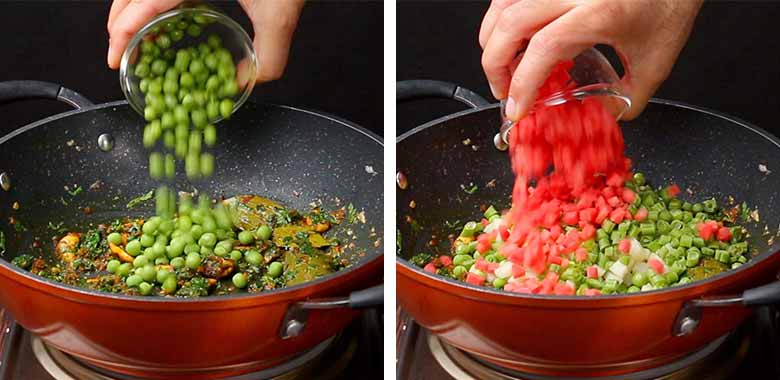 A hand is seen tipping fresh green peas into an orange and black non-stick kadhai in the left image while the hand is seen tipping diced carrots over other vegetables in the same kadhai in the image on the right - Semiya Pulao Recipe